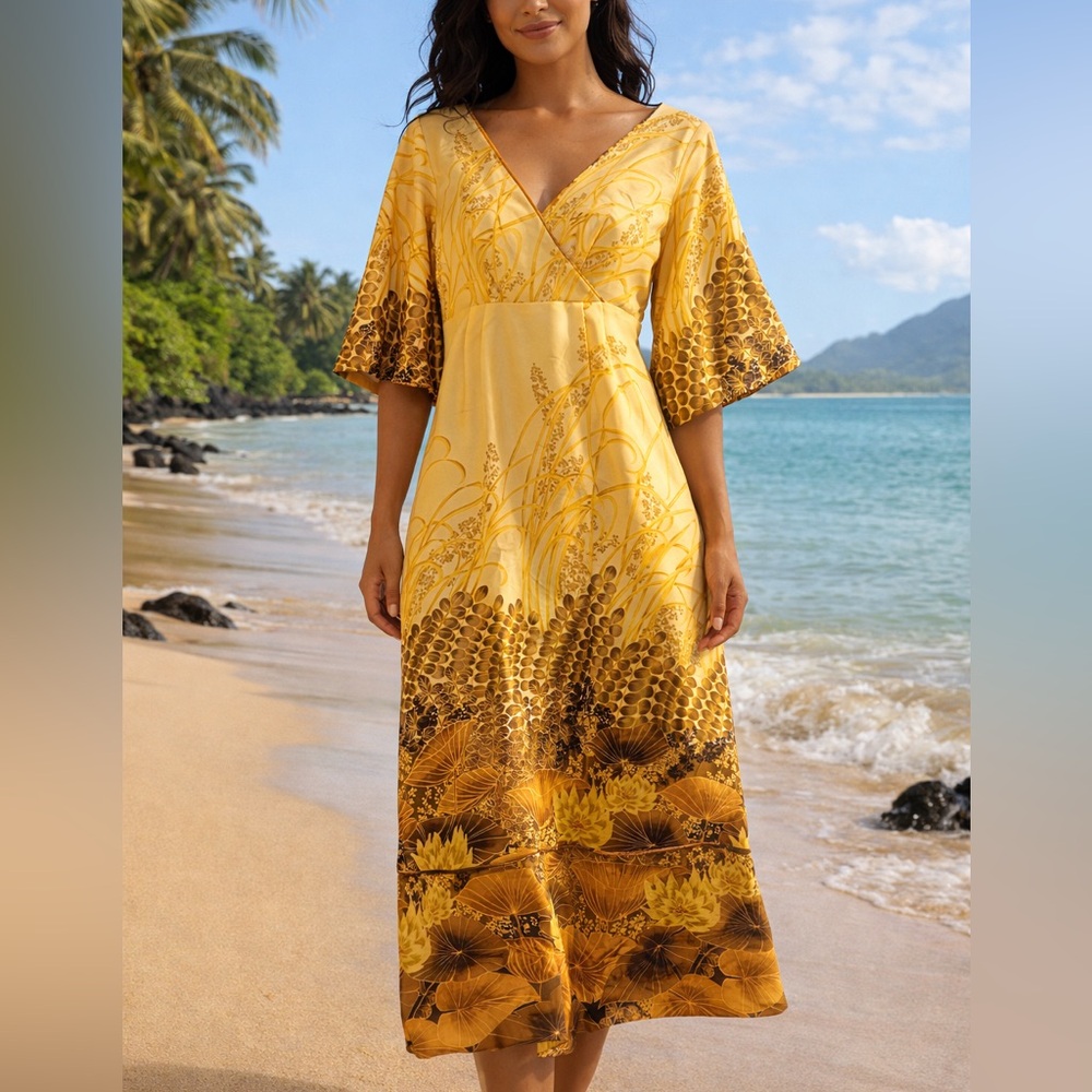 Vintage 1960s Lauhala Gold Floral Hawaiian Maxi Dress Size 12 Made in Hawaii